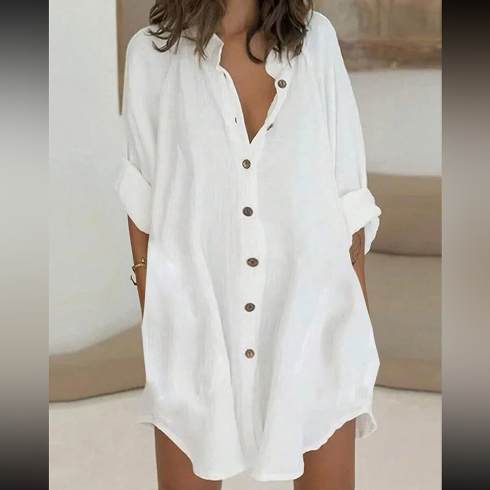 Plus Size Classic Elegant Roll Up Button Down Shirt Dress White - Picture 1 of 11